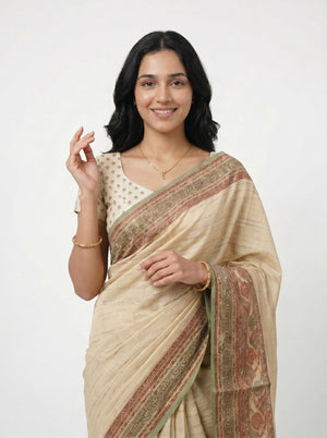 Semi Jute Cream Beige Woven Border Saree
