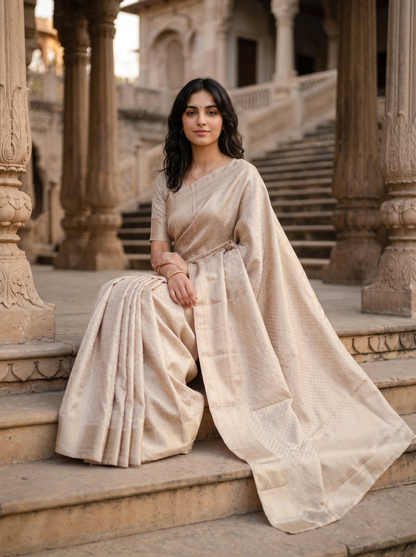 Kanjivaram Tissue Silk Champagne Beige Saree with All-Over Silver Zari Self Weave