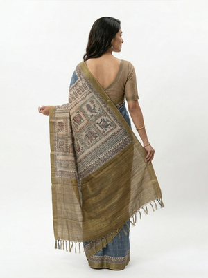 Semi Jute Steel Blue Striped Kalamkari Saree
