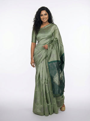 Semi Silk Classic Pista Green Saree with Square Pattern Work