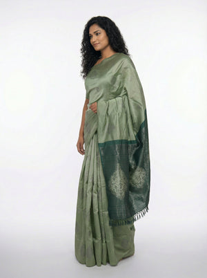 Semi Silk Classic Pista Green Saree with Square Pattern Work