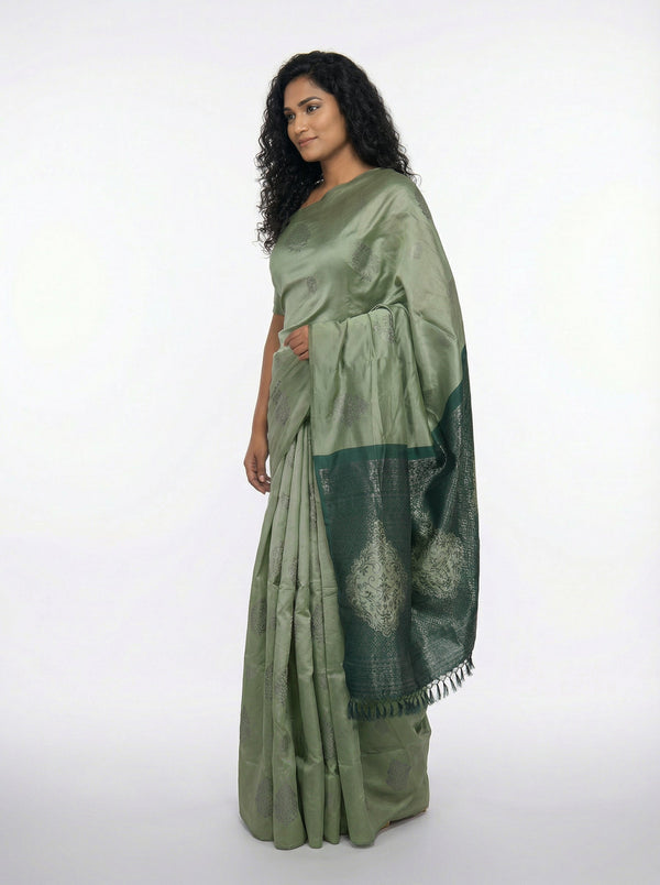 Semi Silk Classic Pista Green Saree with Square Pattern Work