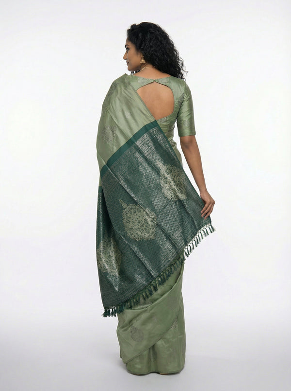 Semi Silk Classic Pista Green Saree with Square Pattern Work