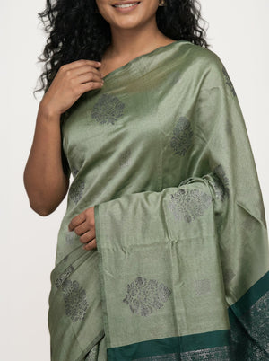 Semi Silk Classic Pista Green Saree with Square Pattern Work