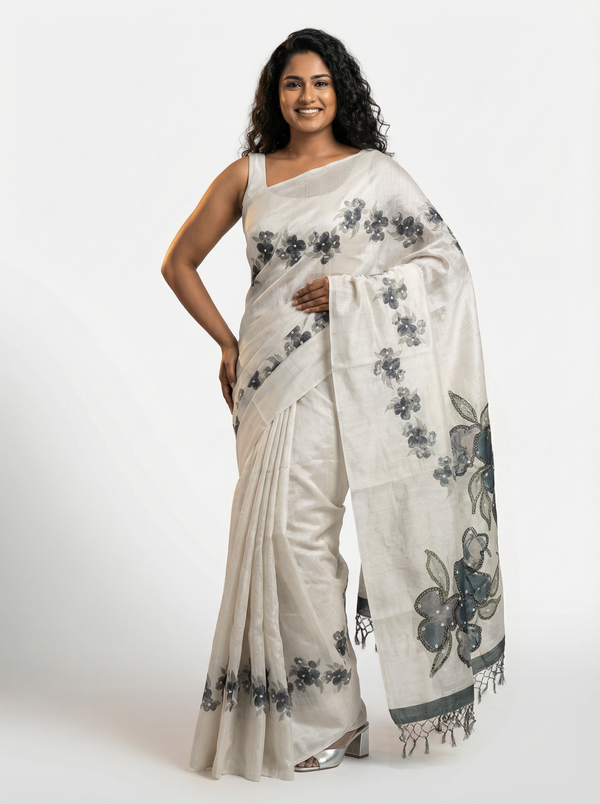 Semi Silk Premium Ivory Saree with Elegant Digital Print and Floral Printed Blouse