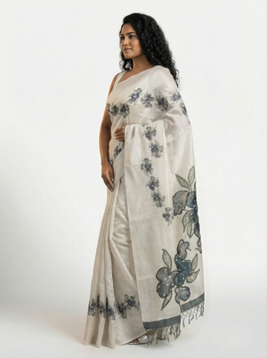 Semi Silk Premium Ivory Saree with Elegant Digital Print and Floral Printed Blouse