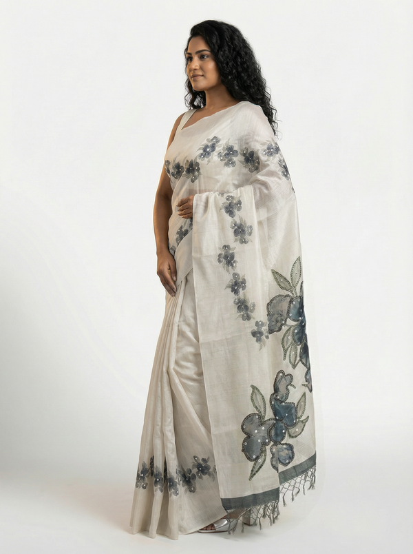 Semi Silk Premium Ivory Saree with Elegant Digital Print and Floral Printed Blouse