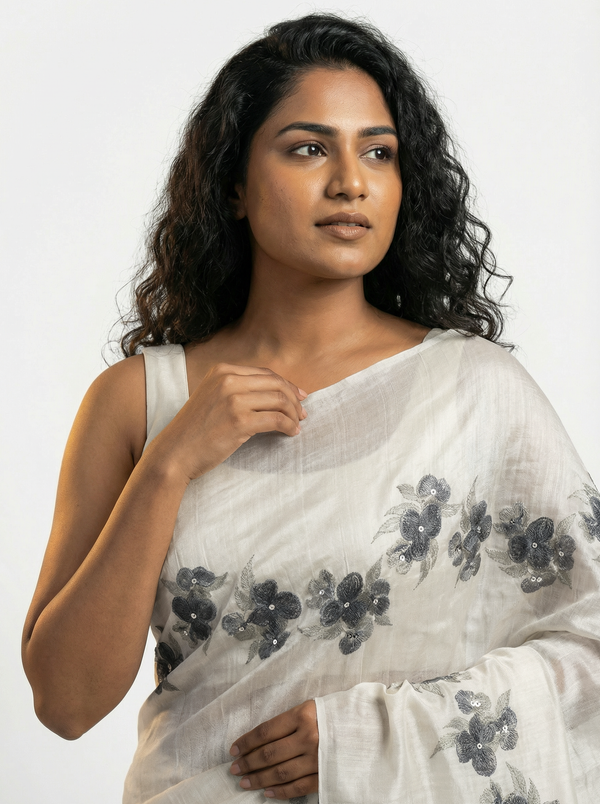 Semi Silk Premium Ivory Saree with Elegant Digital Print and Floral Printed Blouse