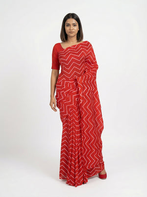 Chiffon Classic Red Saree with Statement Zig Zag Design