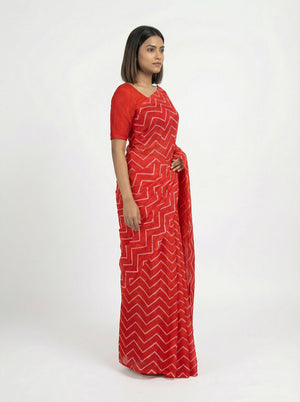 Chiffon Classic Red Saree with Statement Zig Zag Design