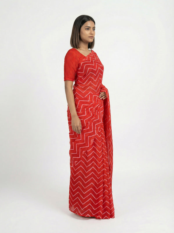 Chiffon Classic Red Saree with Statement Zig Zag Design
