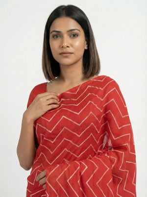 Chiffon Classic Red Saree with Statement Zig Zag Design