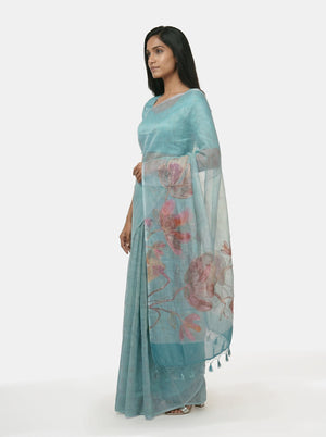 Organza Party Wear Pastel Blue Saree with Artistic Digital Design