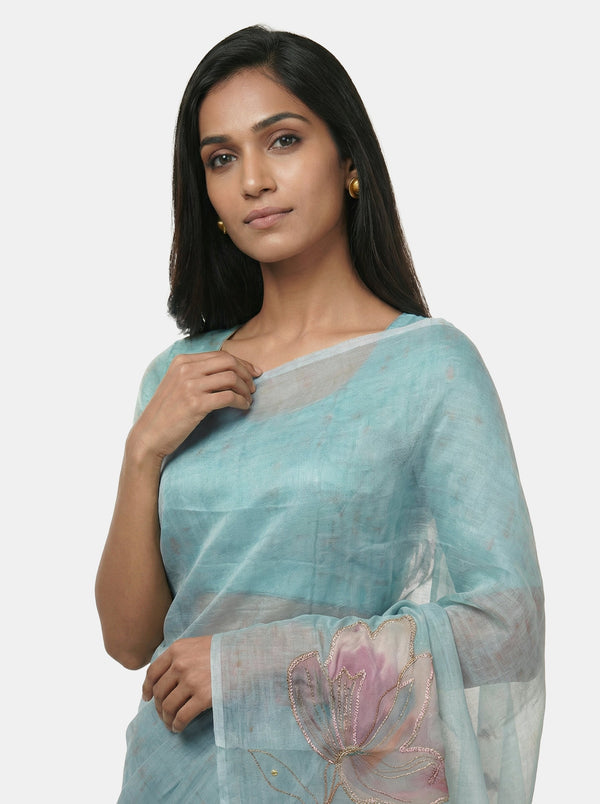 Organza Party Wear Pastel Blue Saree with Artistic Digital Design
