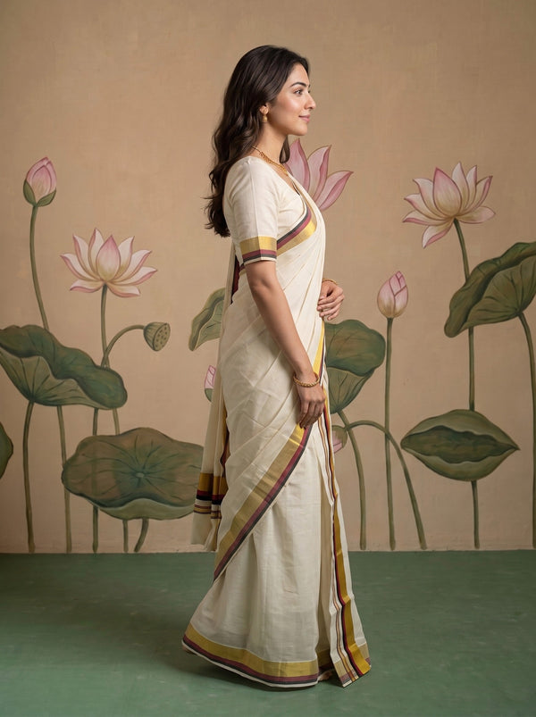 A woman wearing a cream-colored cotton saree with yellow, brown, and red striped borders, standing in profile against a beige wall with a painted lotus motif.