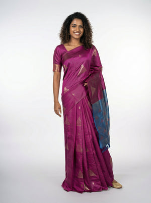 Semi Silk Women’s Wine Saree with Contrast Peacock Blue Blouse
