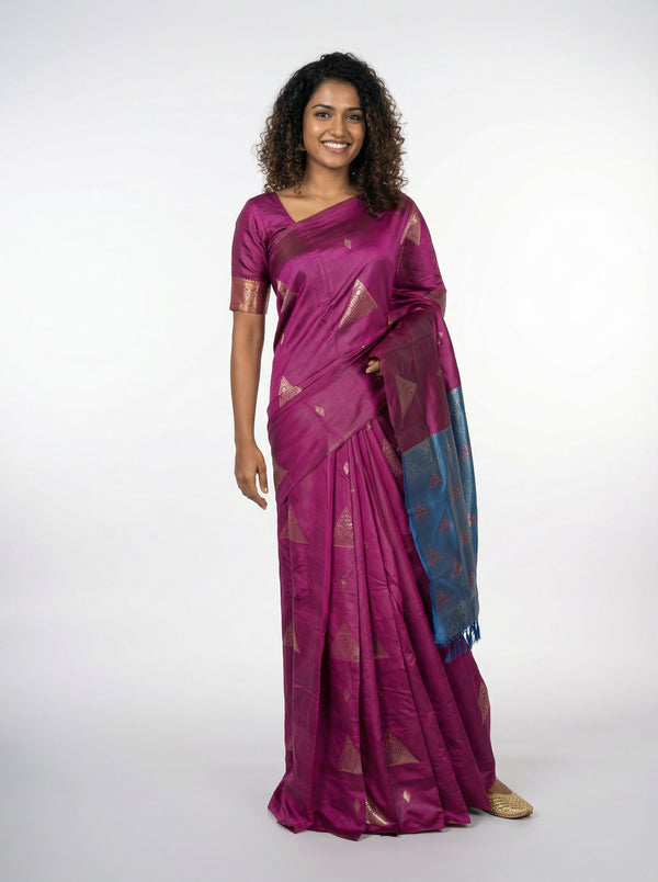 Semi Silk Women’s Wine Saree with Contrast Peacock Blue Blouse