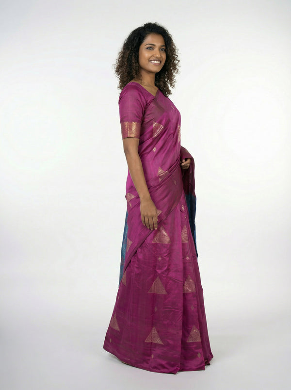 Semi Silk Women’s Wine Saree with Contrast Peacock Blue Blouse