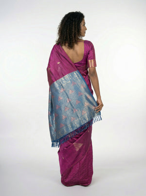 Semi Silk Women’s Wine Saree with Contrast Peacock Blue Blouse