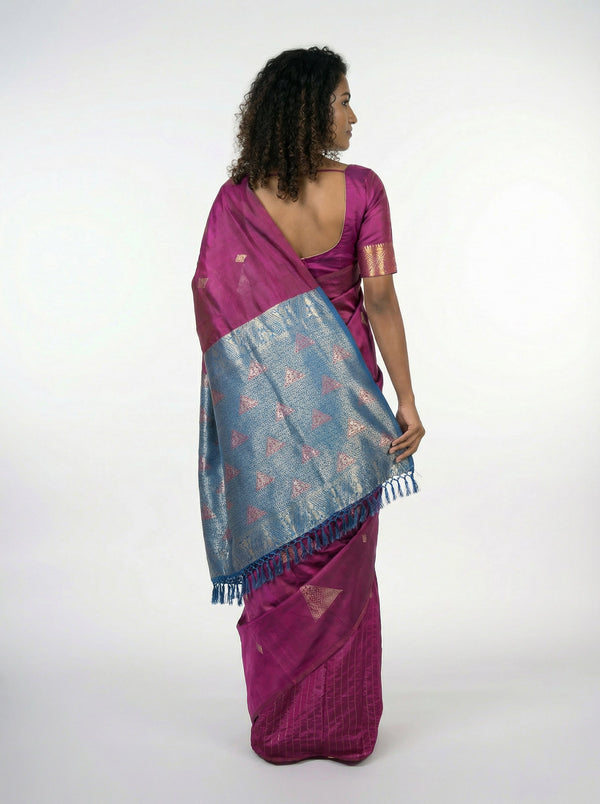 Semi Silk Women’s Wine Saree with Contrast Peacock Blue Blouse