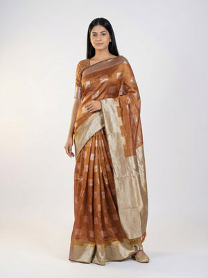 Silk Premium Caramel Saree with Geometric Square Pattern