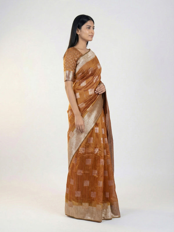 Silk Premium Caramel Saree with Geometric Square Pattern