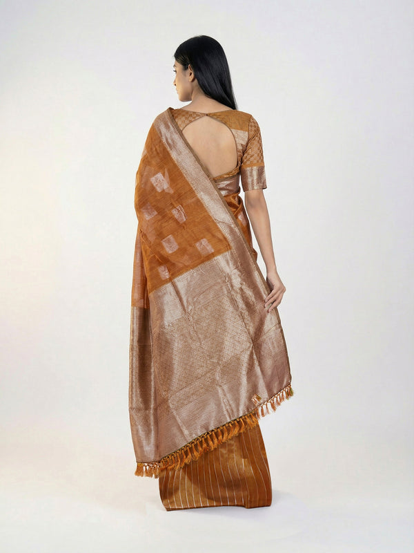 Silk Premium Caramel Saree with Geometric Square Pattern