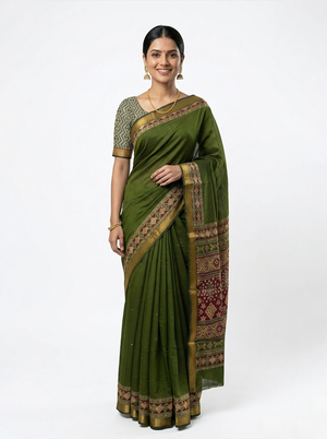 Chanderi Cotton Olive Green Ikat Border Saree