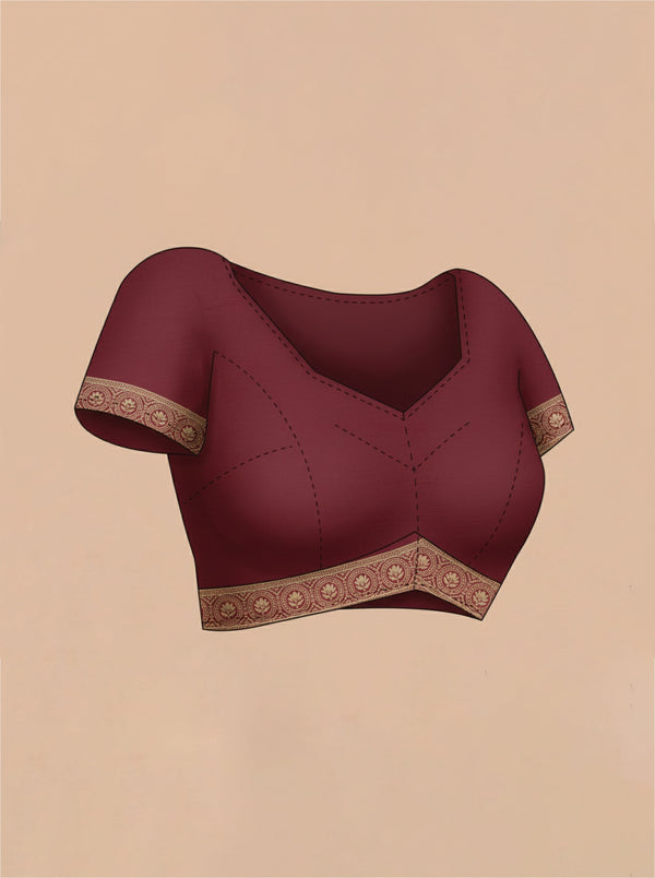 Semi Silk Maroon Saree with Floral Pallu & Plain Border Blouse