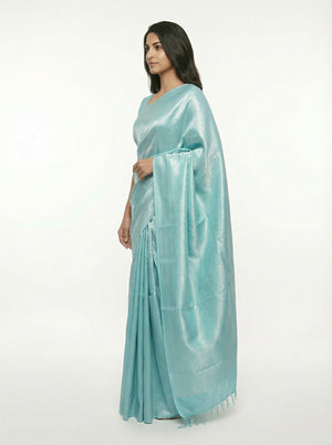 Semi Silk Sea Foam Ethnic Saree with Detailed Jacquard Work