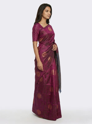 Semi Silk Wine Colour Saree with Banarasi Contrast Weave