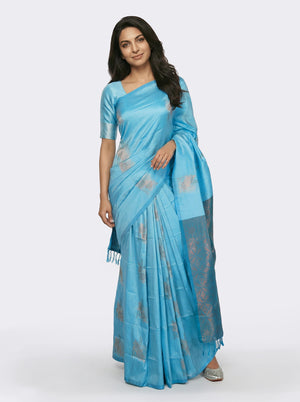 Semi Silk Dark Sky Blue Festive Wear Saree with Designer Zari Buttas