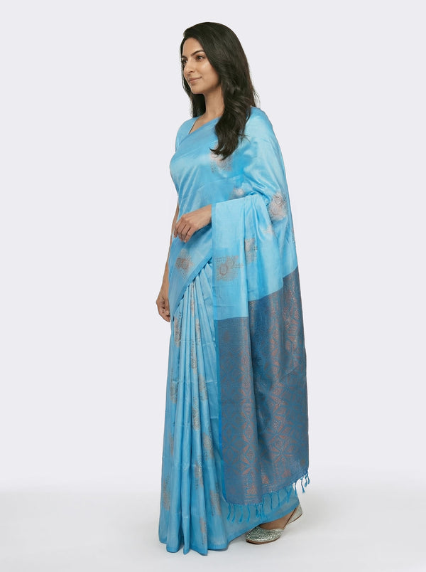 Semi Silk Dark Sky Blue Festive Wear Saree with Designer Zari Buttas