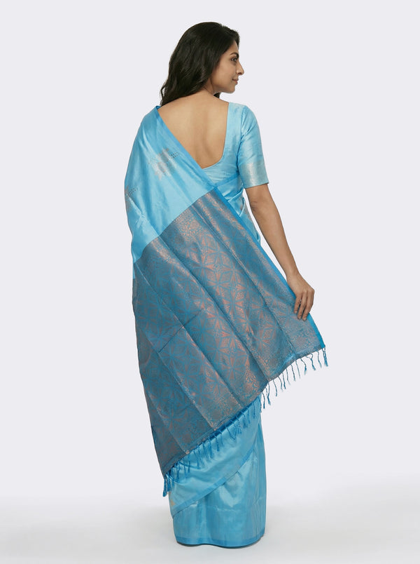 Semi Silk Dark Sky Blue Festive Wear Saree with Designer Zari Buttas