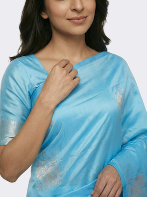 Semi Silk Dark Sky Blue Festive Wear Saree with Designer Zari Buttas
