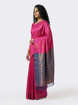 Semi Silk Festive Pink Saree with Peacock Blue Contrast Blouse