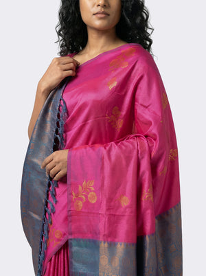 Semi Silk Festive Pink Saree with Peacock Blue Contrast Blouse