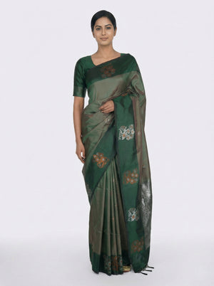 Semi Silk Elegant Crocodile Green Saree with Metallic Floral Butta Work