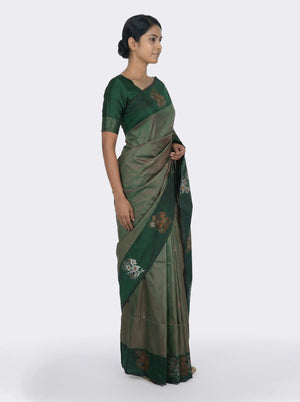Semi Silk Elegant Crocodile Green Saree with Metallic Floral Butta Work