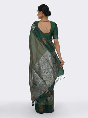 Semi Silk Elegant Crocodile Green Saree with Metallic Floral Butta Work