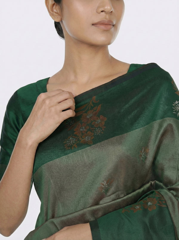 Semi Silk Elegant Crocodile Green Saree with Metallic Floral Butta Work