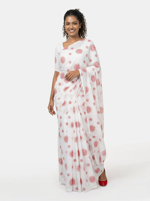 Chiffon Classic White Saree with All Over Block Print