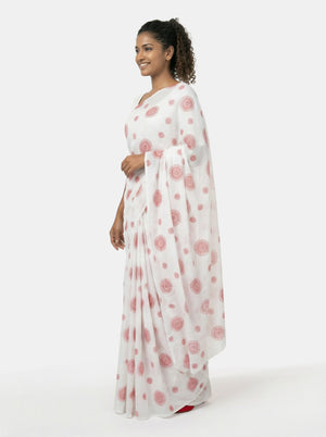 Chiffon Classic White Saree with All Over Block Print