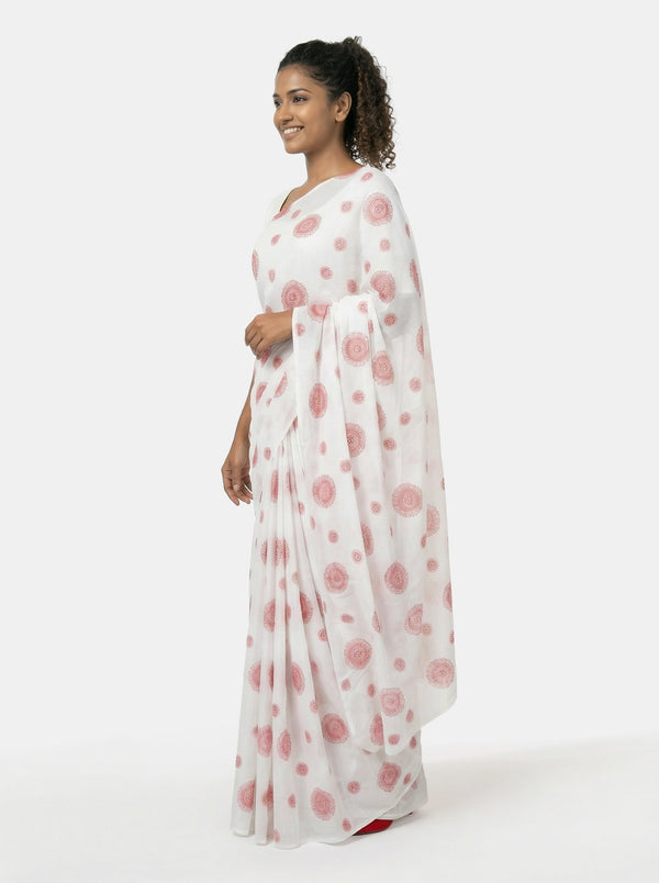 Chiffon Classic White Saree with All Over Block Print
