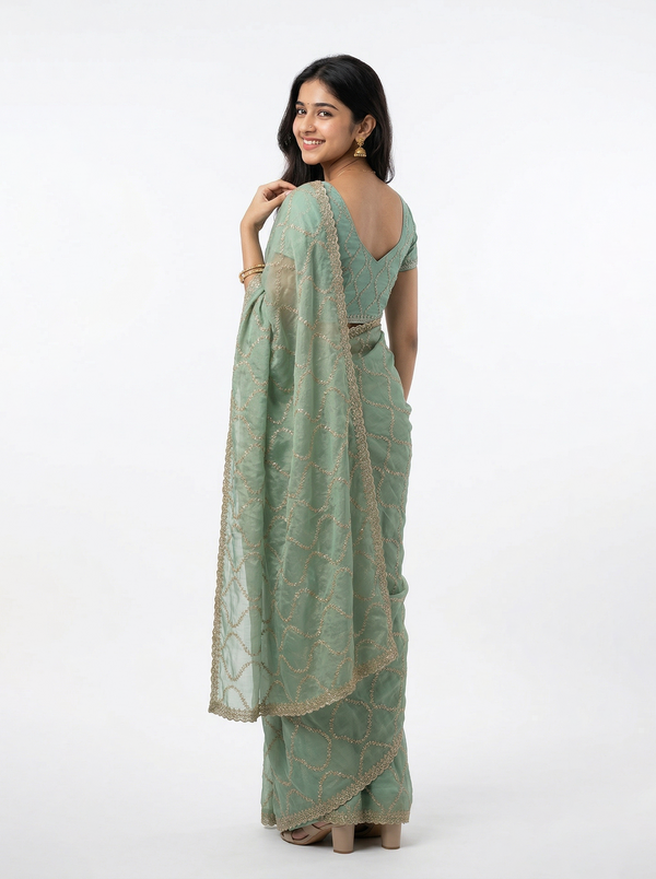 Shimmer Organza Sage Green Sequin Embroidered Trellis Saree with Scalloped Border
