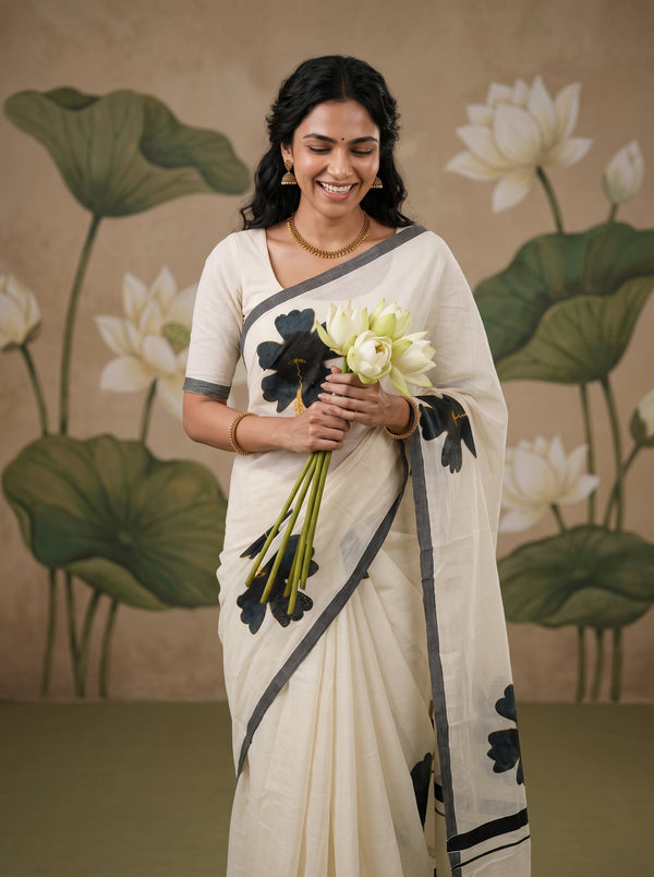 A woman wearing a cream-colored sari with black floral motifs and gray border details, holding a bouquet of white lotus flowers against a backdrop featuring a painted lotus pond mural.
