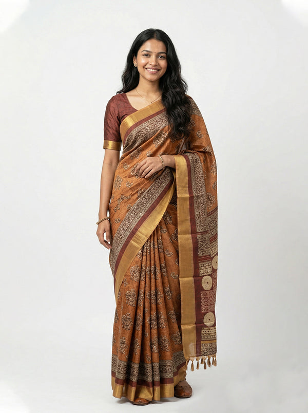 Chanderi Silk Rust Brown Floral Printed Saree