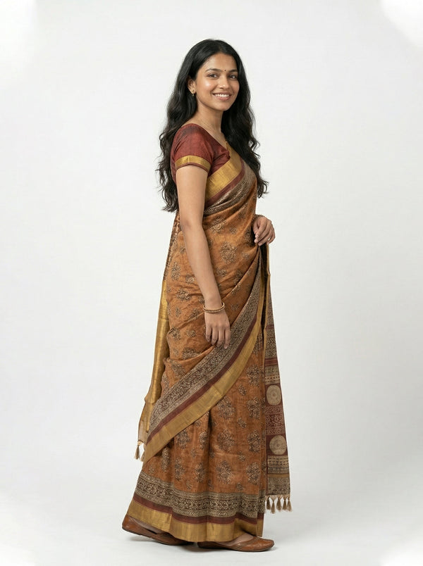 Chanderi Silk Rust Brown Floral Printed Saree