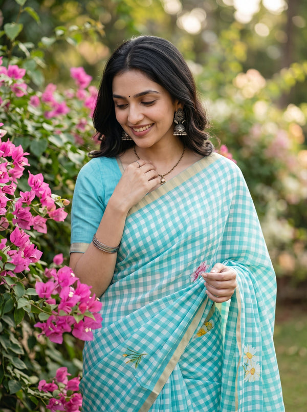 A woman wearing a light blue and white gingham saree with a matching blue blouse, standing in a garden next to pink bougainvillea flowers.