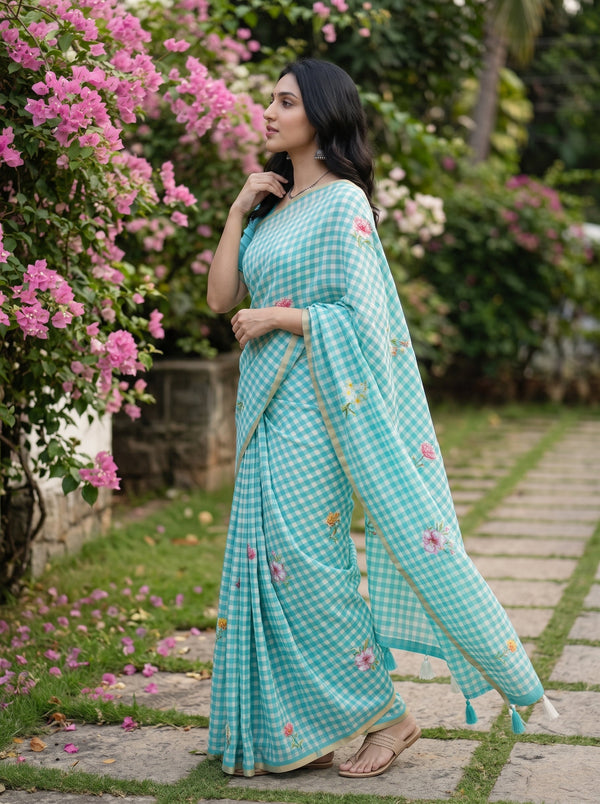 Linen Turquoise Check Print Saree with Scattered Floral Motifs